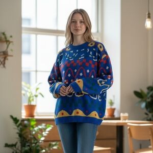 Vintage Marc Michel New York Sweater Men Blue Geometric Knit Pullover